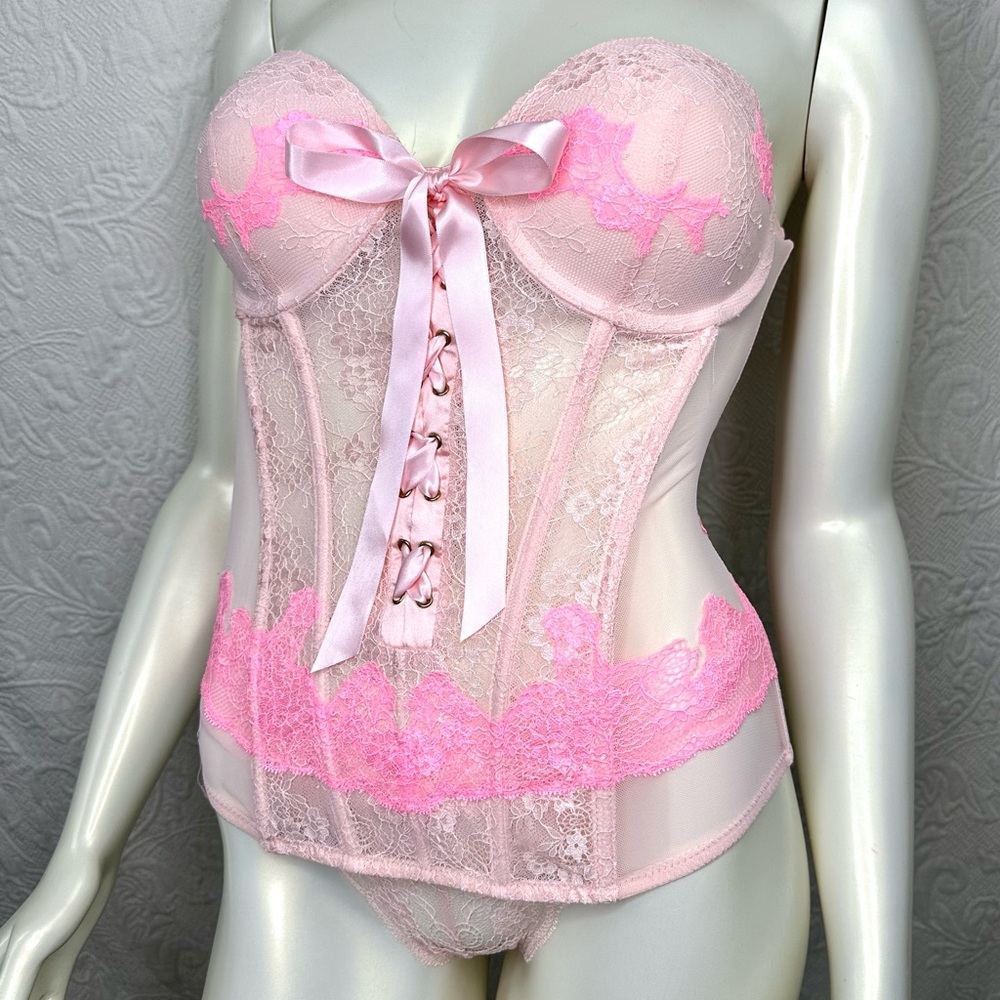 Victoria's Secret 34C 2012 Lace-Up Corset Bustier & V-String 2-pc Set NWT